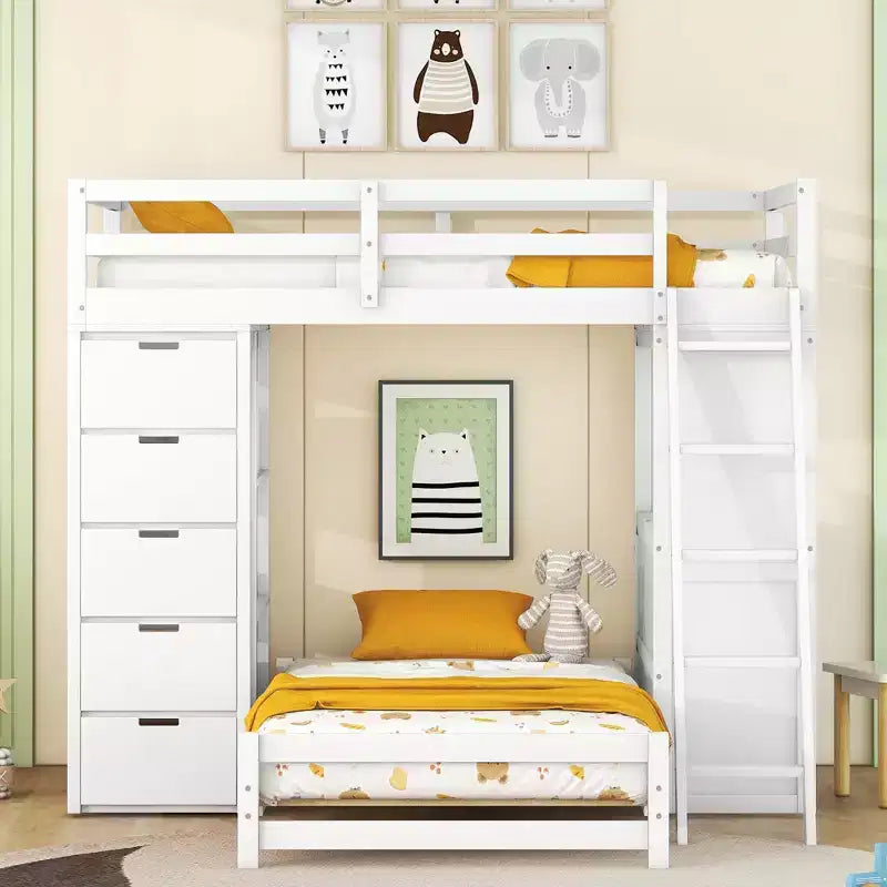 Letti a castello separabili in legno, con scrivania e cassetti, a forma di L, con porte USB e luce LED per bambini e ragazzi