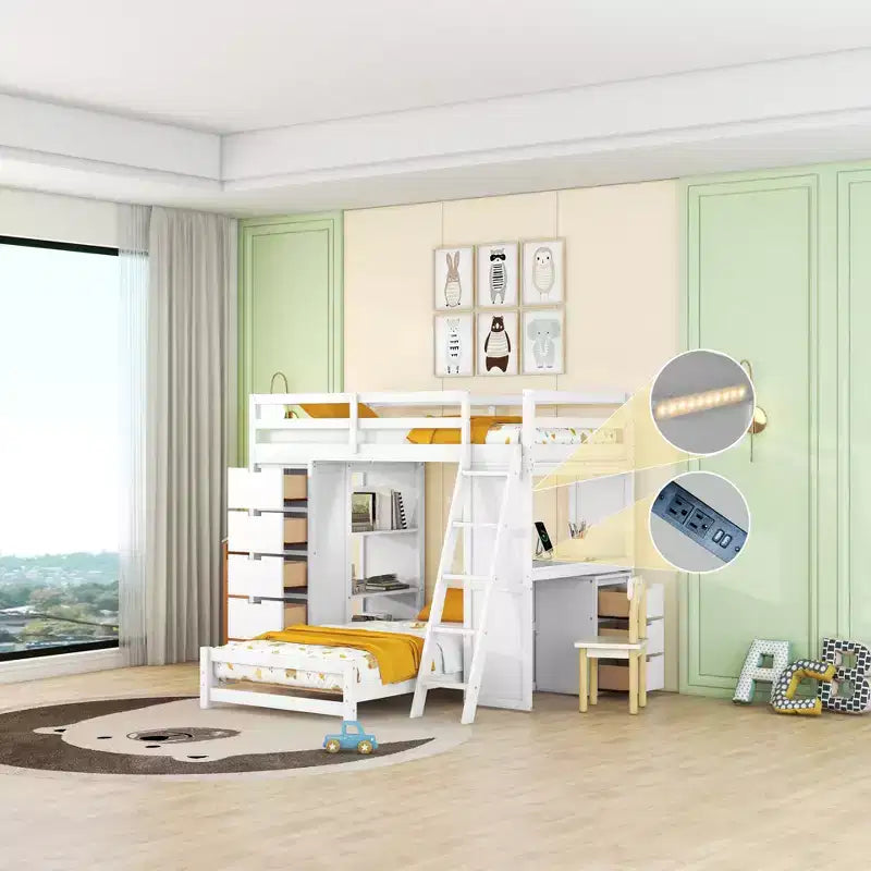 Letti a castello separabili in legno, con scrivania e cassetti, a forma di L, con porte USB e luce LED per bambini e ragazzi