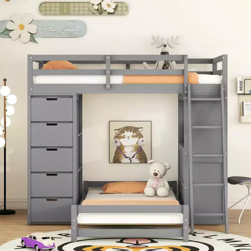 Letti a castello separabili in legno, con scrivania e cassetti, a forma di L, con porte USB e luce LED per bambini e ragazzi