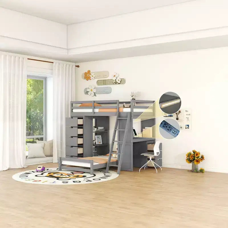Letti a castello separabili in legno, con scrivania e cassetti, a forma di L, con porte USB e luce LED per bambini e ragazzi