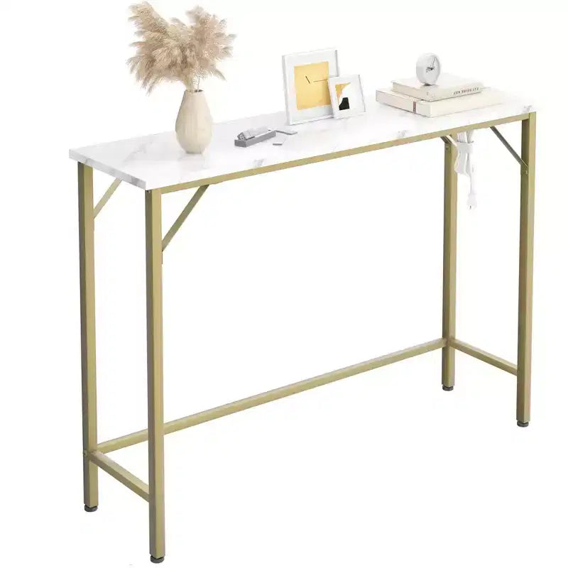 Coolmee Narrow Console Table, Golden Sofa Table with Outlets, Behind Couch Table for Living Room, Hallway Table for Entryway