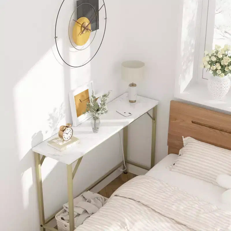 Coolmee Narrow Console Table, Golden Sofa Table with Outlets, Behind Couch Table for Living Room, Hallway Table for Entryway