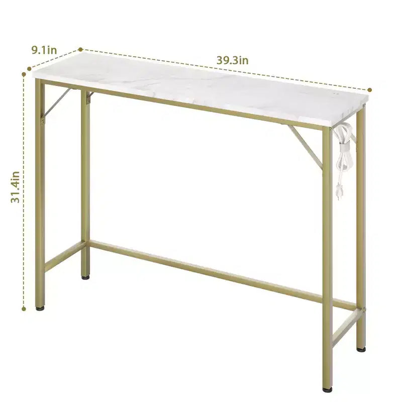 Coolmee Narrow Console Table, Golden Sofa Table with Outlets, Behind Couch Table for Living Room, Hallway Table for Entryway