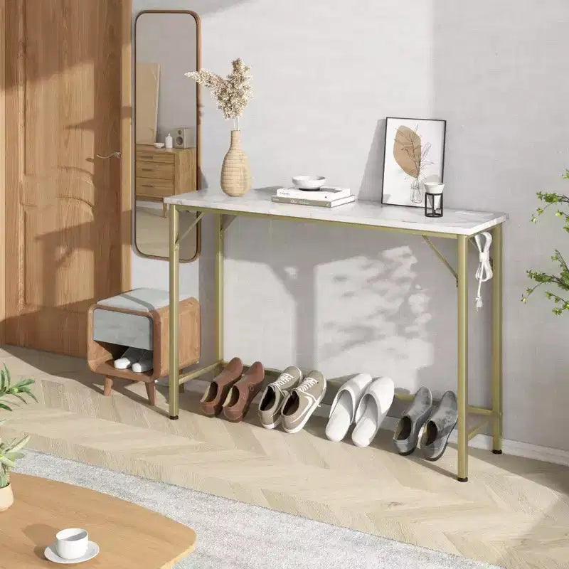 Coolmee Narrow Console Table, Golden Sofa Table with Outlets, Behind Couch Table for Living Room, Hallway Table for Entryway