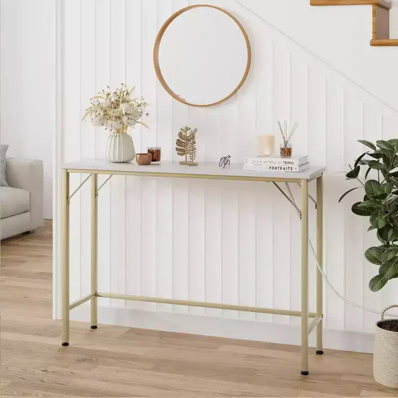 Coolmee Narrow Console Table, Golden Sofa Table with Outlets, Behind Couch Table for Living Room, Hallway Table for Entryway