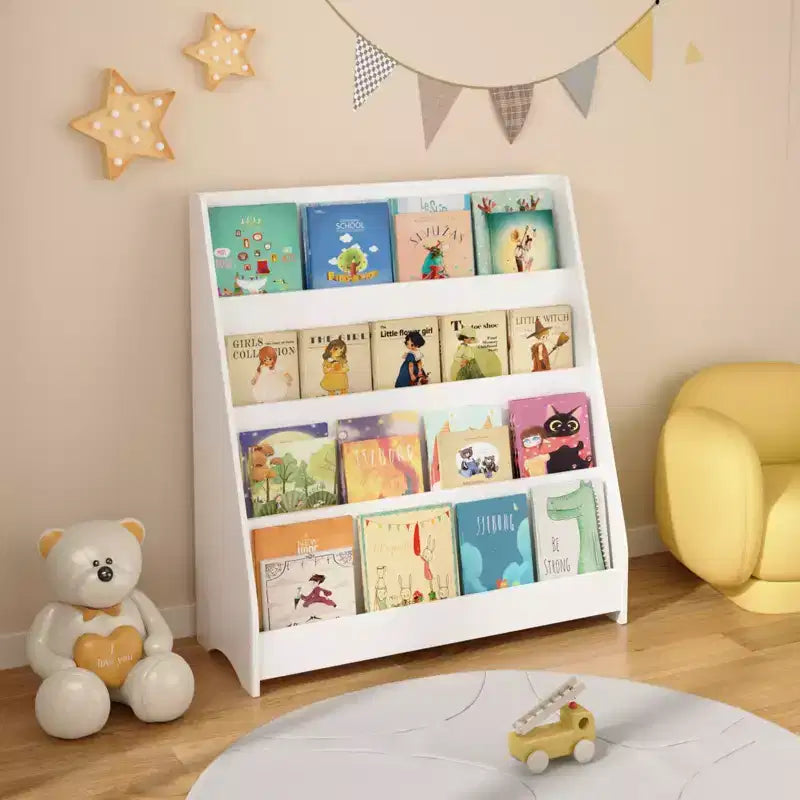 Libreria per bambini a 4 ripiani, Scaffali per libri per bambini piccoli, Aiuta a tenere in ordine camerette, sale giochi e aule, Bianco