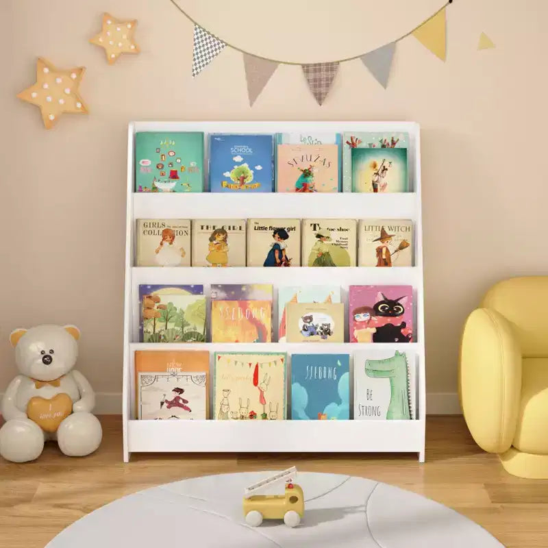 Libreria per bambini a 4 ripiani, Scaffali per libri per bambini piccoli, Aiuta a tenere in ordine camerette, sale giochi e aule, Bianco