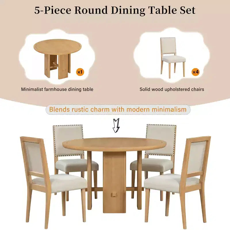 Set tavolo da pranzo GDFStudio Katte da 5 pezzi con tavolo da pranzo rotondo in legno massello e sedie imbottite