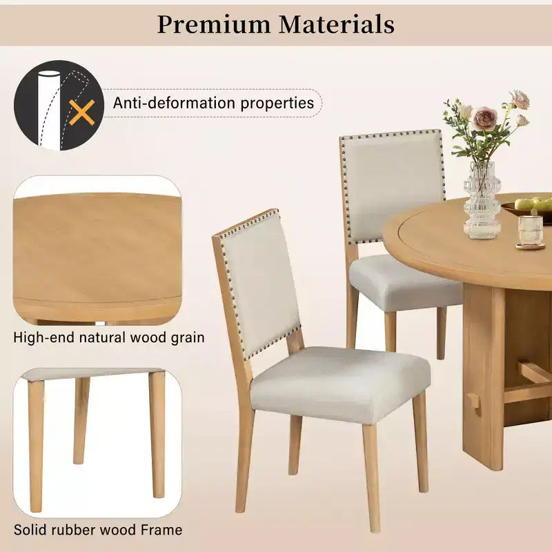Set tavolo da pranzo GDFStudio Katte da 5 pezzi con tavolo da pranzo rotondo in legno massello e sedie imbottite