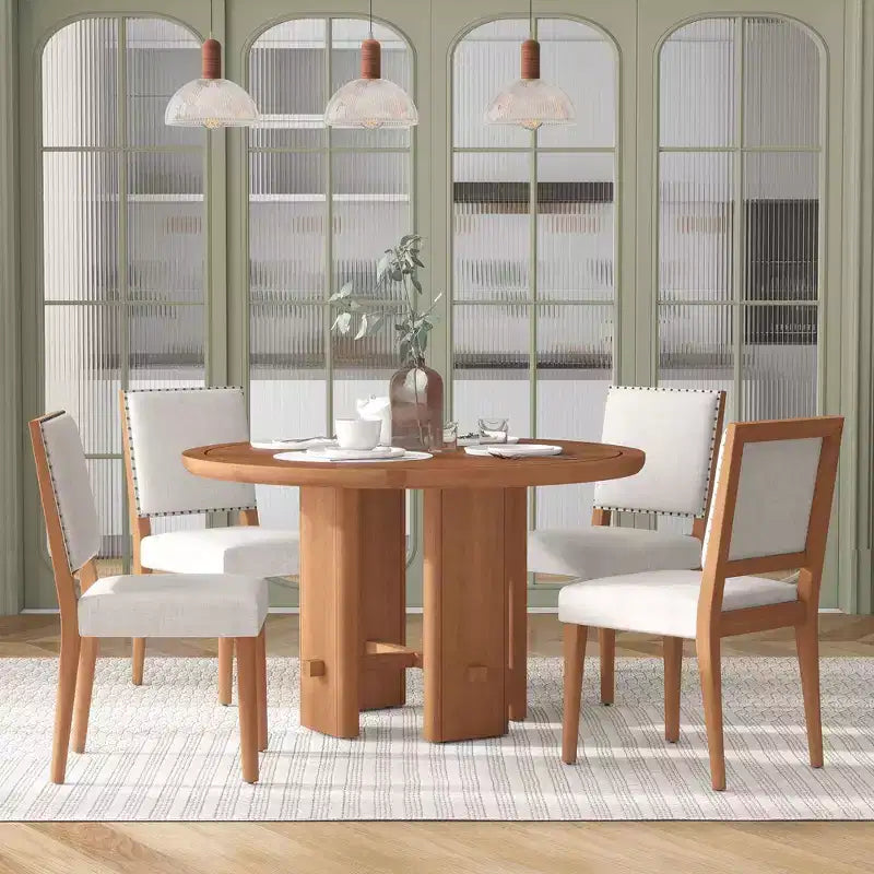 Set tavolo da pranzo GDFStudio Katte da 5 pezzi con tavolo da pranzo rotondo in legno massello e sedie imbottite