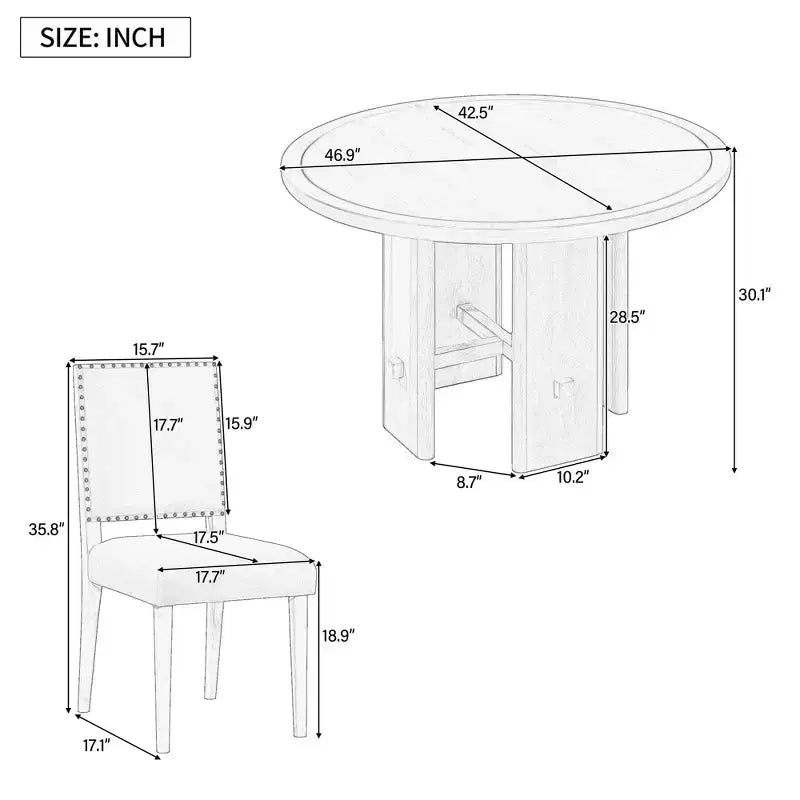 Set tavolo da pranzo GDFStudio Katte da 5 pezzi con tavolo da pranzo rotondo in legno massello e sedie imbottite