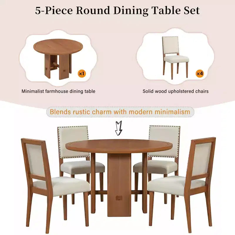 Set tavolo da pranzo GDFStudio Katte da 5 pezzi con tavolo da pranzo rotondo in legno massello e sedie imbottite