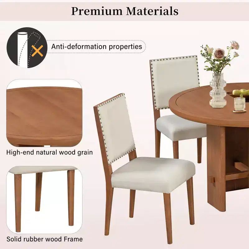 Set tavolo da pranzo GDFStudio Katte da 5 pezzi con tavolo da pranzo rotondo in legno massello e sedie imbottite