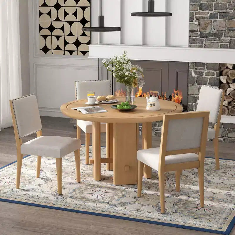 Set tavolo da pranzo GDFStudio Katte da 5 pezzi con tavolo da pranzo rotondo in legno massello e sedie imbottite