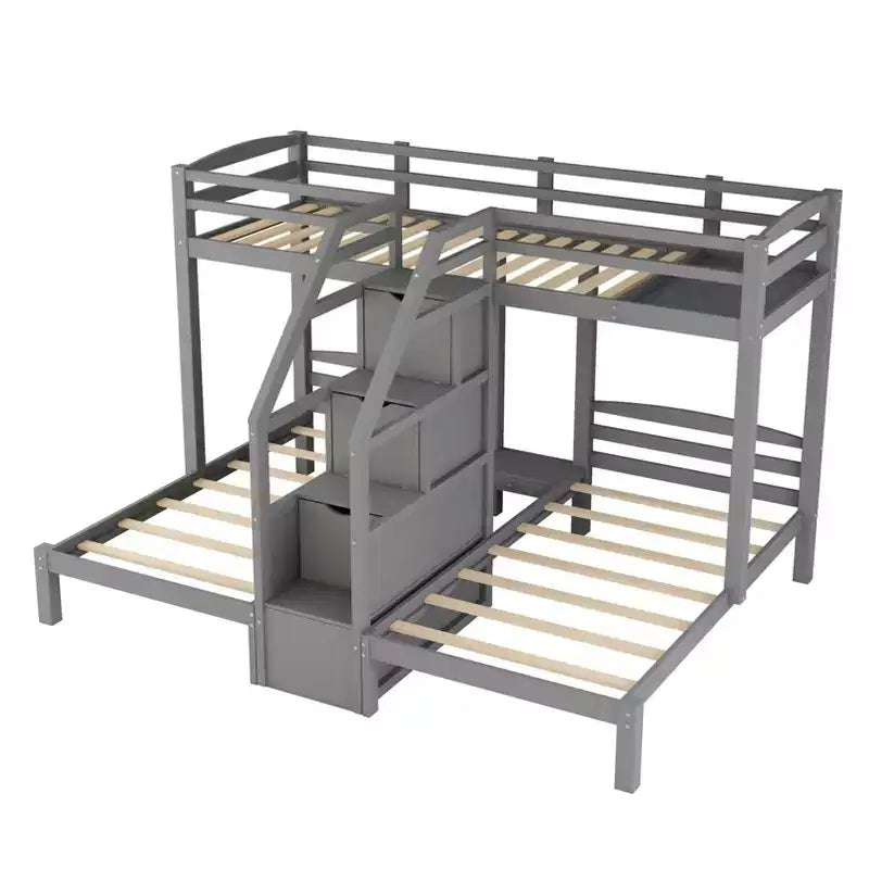 Letto a castello in legno triplo a L con tre letti singoli, letto a castello robusto per 3 bambini con cassetti portaoggetti, grigio