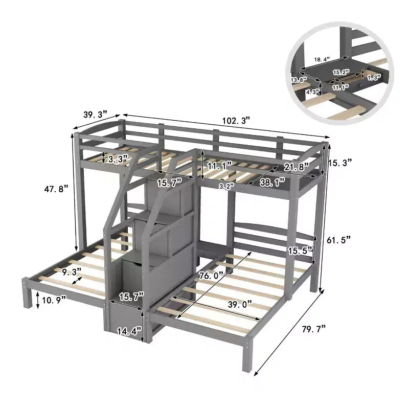 Letto a castello in legno triplo a L con tre letti singoli, letto a castello robusto per 3 bambini con cassetti portaoggetti, grigio