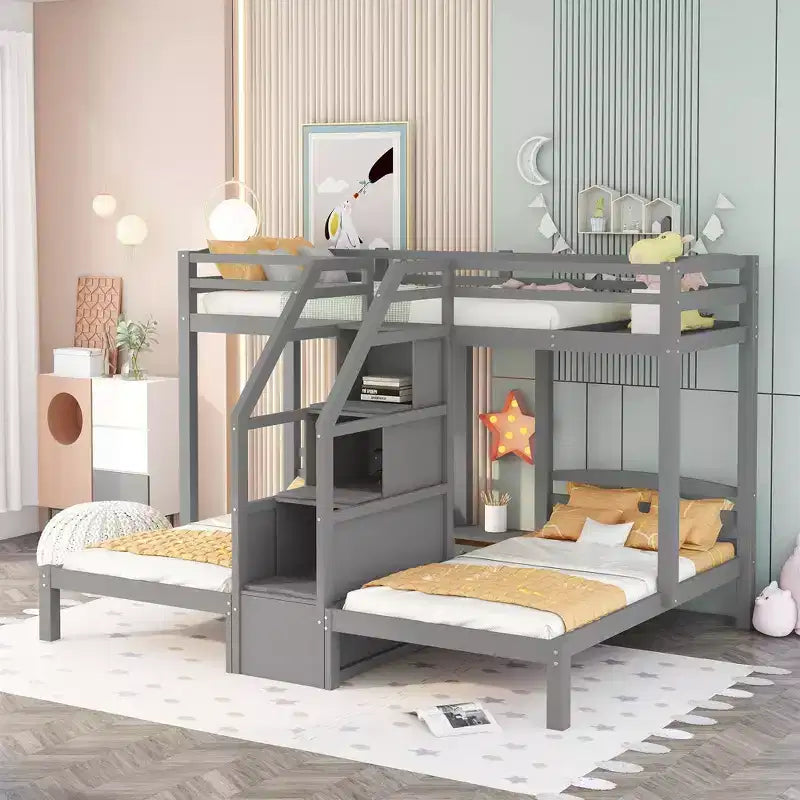 Letto a castello in legno triplo a L con tre letti singoli, letto a castello robusto per 3 bambini con cassetti portaoggetti, grigio