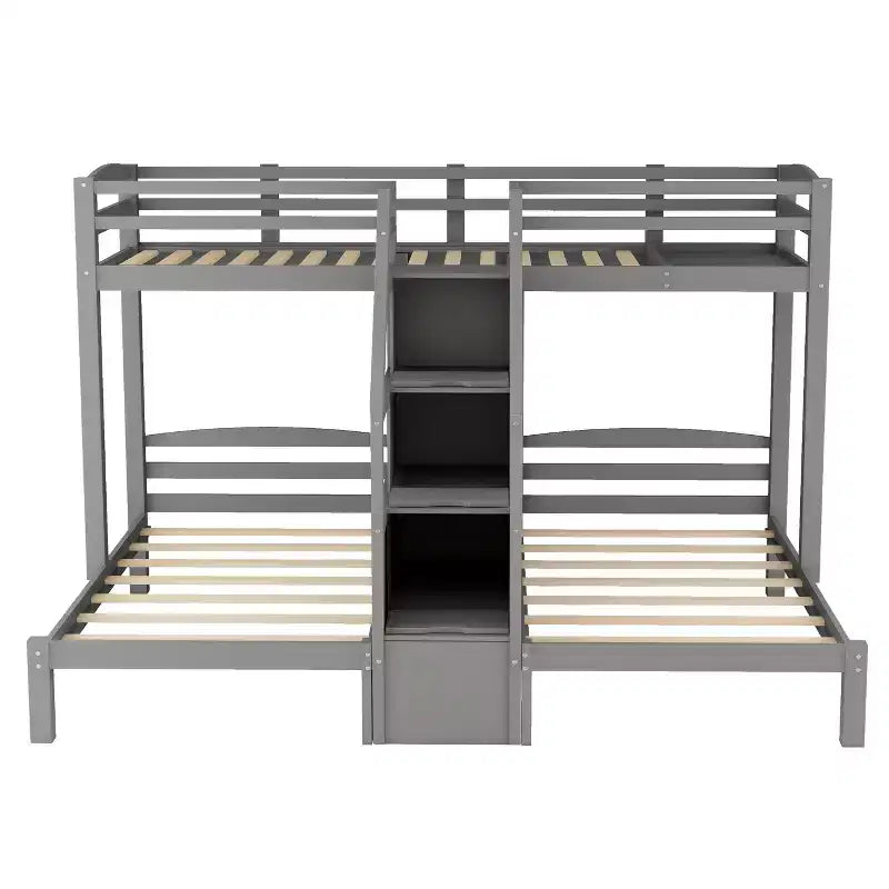 Letto a castello in legno triplo a L con tre letti singoli, letto a castello robusto per 3 bambini con cassetti portaoggetti, grigio