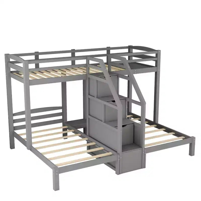 Letto a castello in legno triplo a L con tre letti singoli, letto a castello robusto per 3 bambini con cassetti portaoggetti, grigio