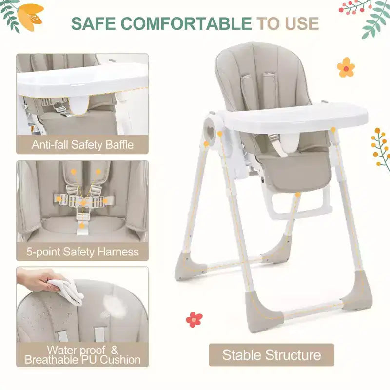 Seggiolone Pieghevole per Neonati, Seggiolone Regolabile per Bambini con 5 Posizioni di Reclino, Doppio Vassoio Rimovibile, Seggiolone Portatile con Imbracatura a 5 Punti