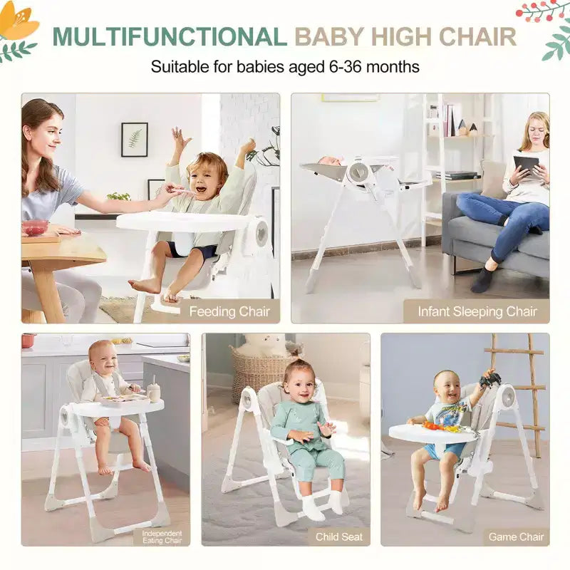 Seggiolone Pieghevole per Neonati, Seggiolone Regolabile per Bambini con 5 Posizioni di Reclino, Doppio Vassoio Rimovibile, Seggiolone Portatile con Imbracatura a 5 Punti