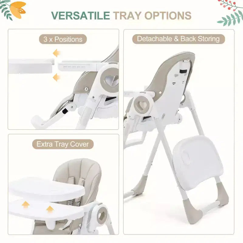 Seggiolone Pieghevole per Neonati, Seggiolone Regolabile per Bambini con 5 Posizioni di Reclino, Doppio Vassoio Rimovibile, Seggiolone Portatile con Imbracatura a 5 Punti