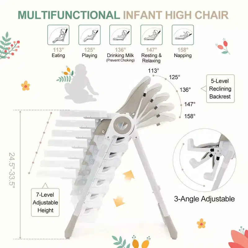 Seggiolone Pieghevole per Neonati, Seggiolone Regolabile per Bambini con 5 Posizioni di Reclino, Doppio Vassoio Rimovibile, Seggiolone Portatile con Imbracatura a 5 Punti