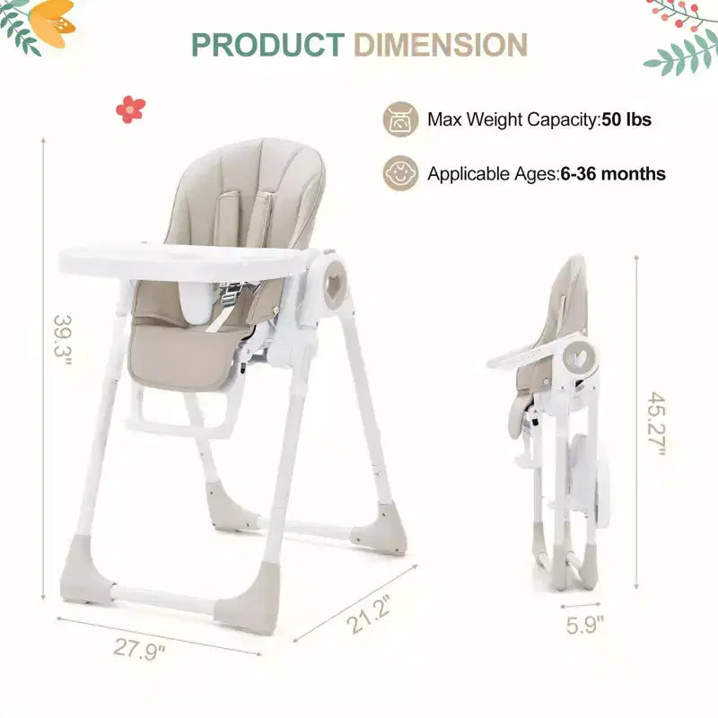 Seggiolone Pieghevole per Neonati, Seggiolone Regolabile per Bambini con 5 Posizioni di Reclino, Doppio Vassoio Rimovibile, Seggiolone Portatile con Imbracatura a 5 Punti