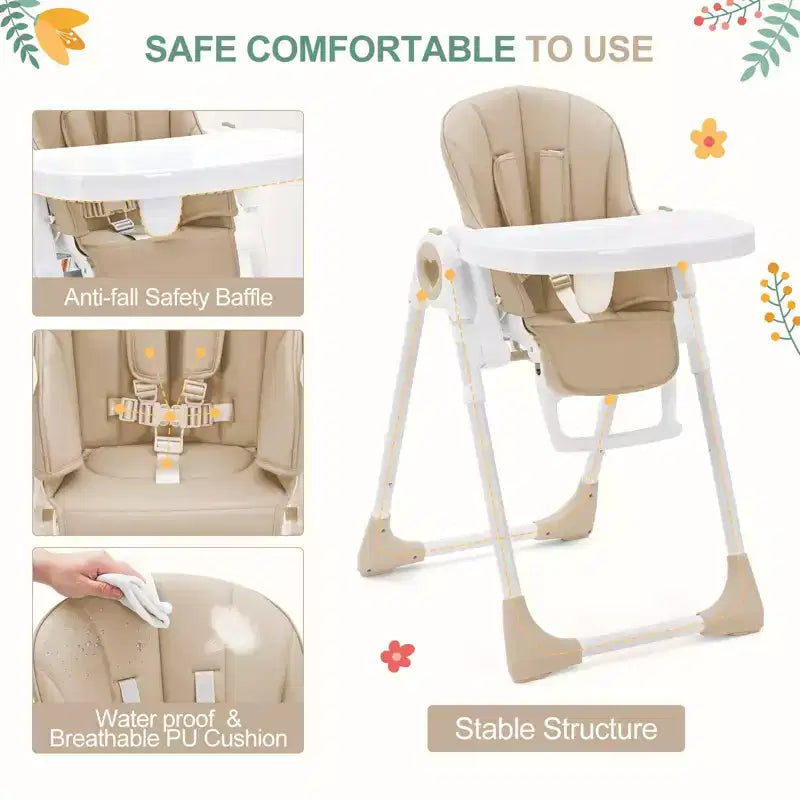 Seggiolone Pieghevole per Neonati, Seggiolone Regolabile per Bambini con 5 Posizioni di Reclino, Doppio Vassoio Rimovibile, Seggiolone Portatile con Imbracatura a 5 Punti