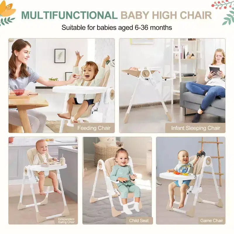 Seggiolone Pieghevole per Neonati, Seggiolone Regolabile per Bambini con 5 Posizioni di Reclino, Doppio Vassoio Rimovibile, Seggiolone Portatile con Imbracatura a 5 Punti