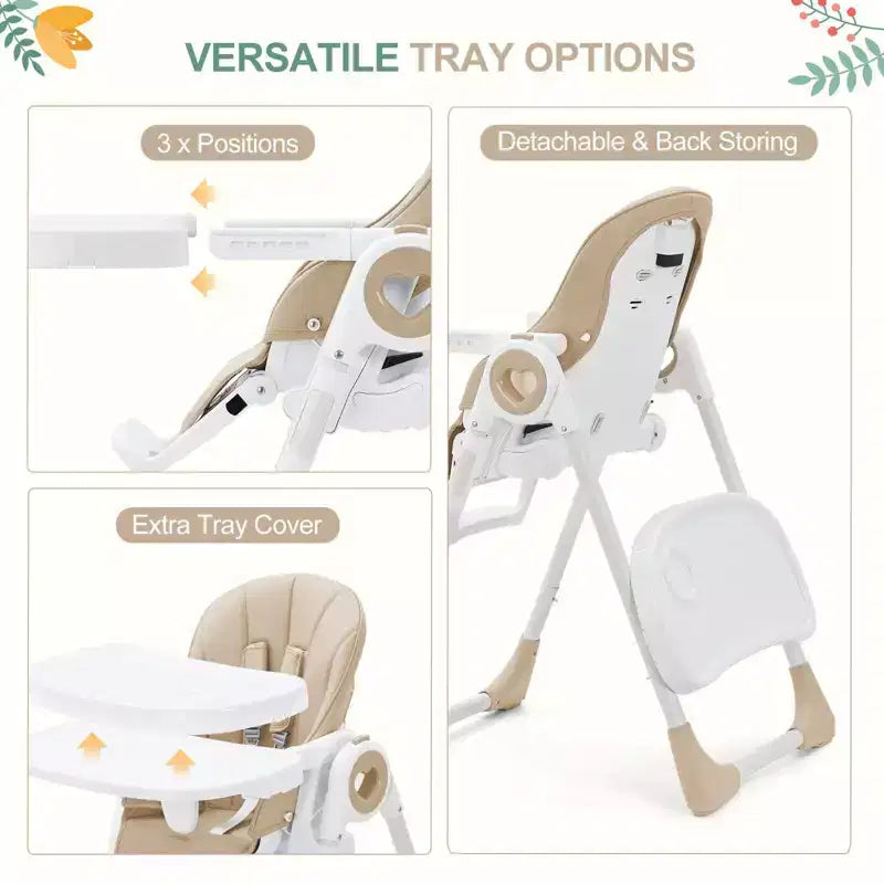 Seggiolone Pieghevole per Neonati, Seggiolone Regolabile per Bambini con 5 Posizioni di Reclino, Doppio Vassoio Rimovibile, Seggiolone Portatile con Imbracatura a 5 Punti