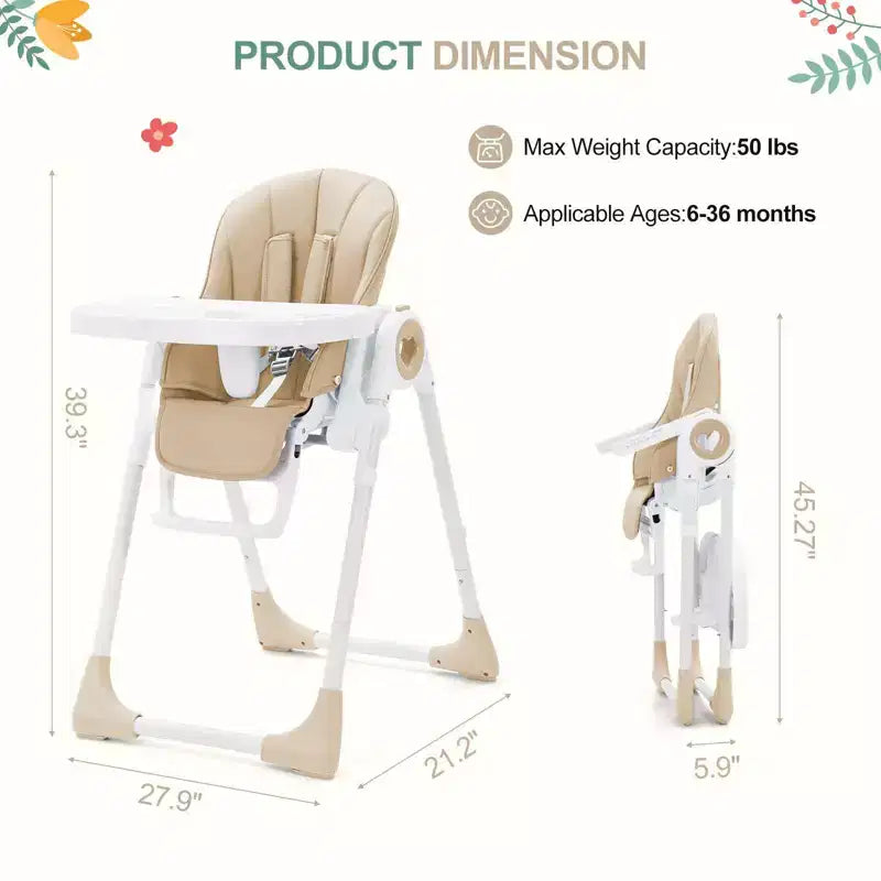 Seggiolone Pieghevole per Neonati, Seggiolone Regolabile per Bambini con 5 Posizioni di Reclino, Doppio Vassoio Rimovibile, Seggiolone Portatile con Imbracatura a 5 Punti
