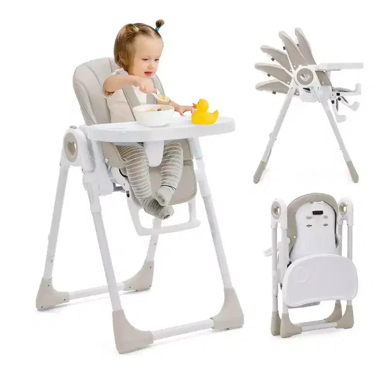 Seggiolone Pieghevole per Neonati, Seggiolone Regolabile per Bambini con 5 Posizioni di Reclino, Doppio Vassoio Rimovibile, Seggiolone Portatile con Imbracatura a 5 Punti