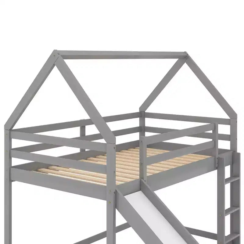Letto a castello Twin su Twin a pavimento, letto a castello a casetta Twin Size con scivolo, scaletta, spondina e tetti per bambine e bambini