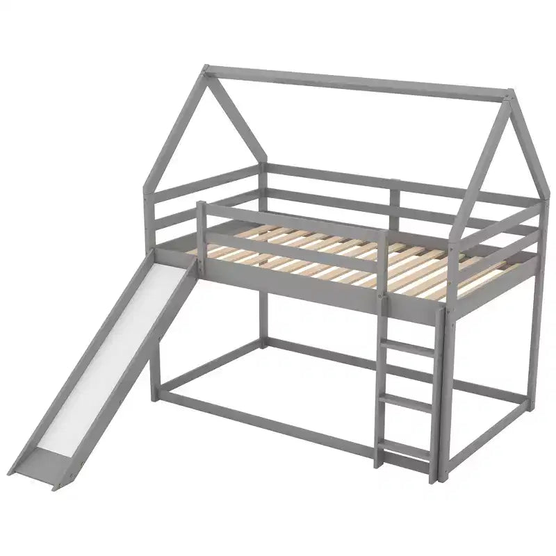 Letto a castello Twin su Twin a pavimento, letto a castello a casetta Twin Size con scivolo, scaletta, spondina e tetti per bambine e bambini