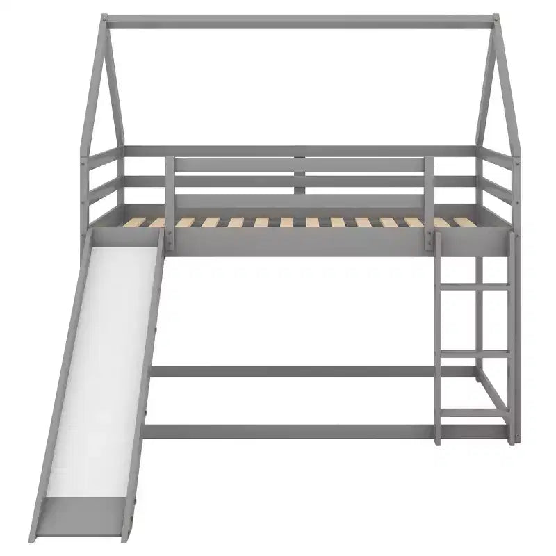 Letto a castello Twin su Twin a pavimento, letto a castello a casetta Twin Size con scivolo, scaletta, spondina e tetti per bambine e bambini