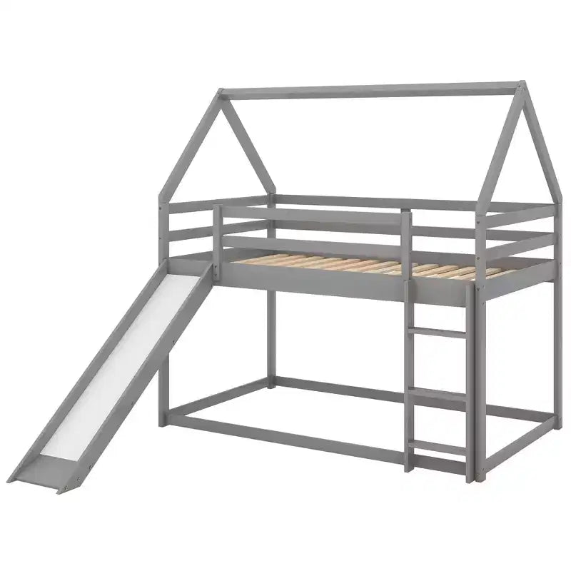Letto a castello Twin su Twin a pavimento, letto a castello a casetta Twin Size con scivolo, scaletta, spondina e tetti per bambine e bambini