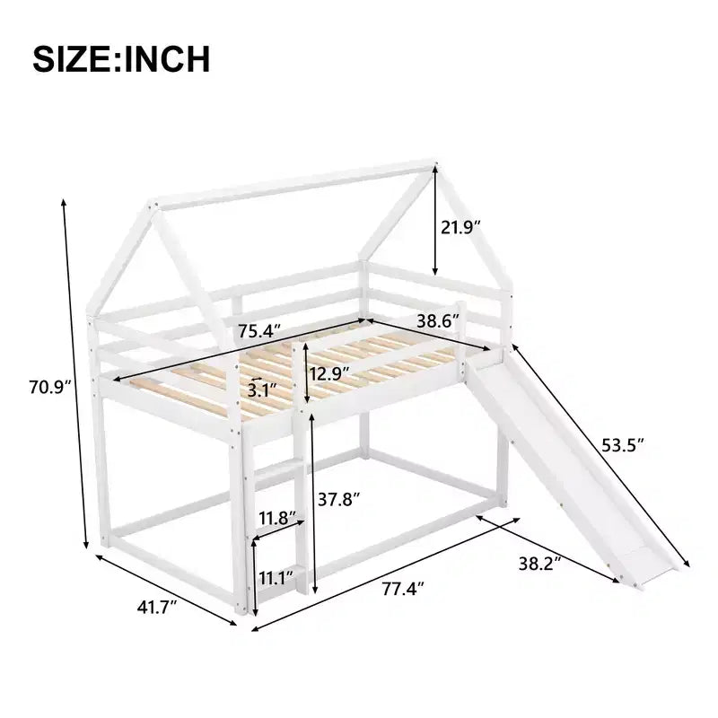 Letto a castello Twin su Twin a pavimento, letto a castello a casetta Twin Size con scivolo, scaletta, spondina e tetti per bambine e bambini