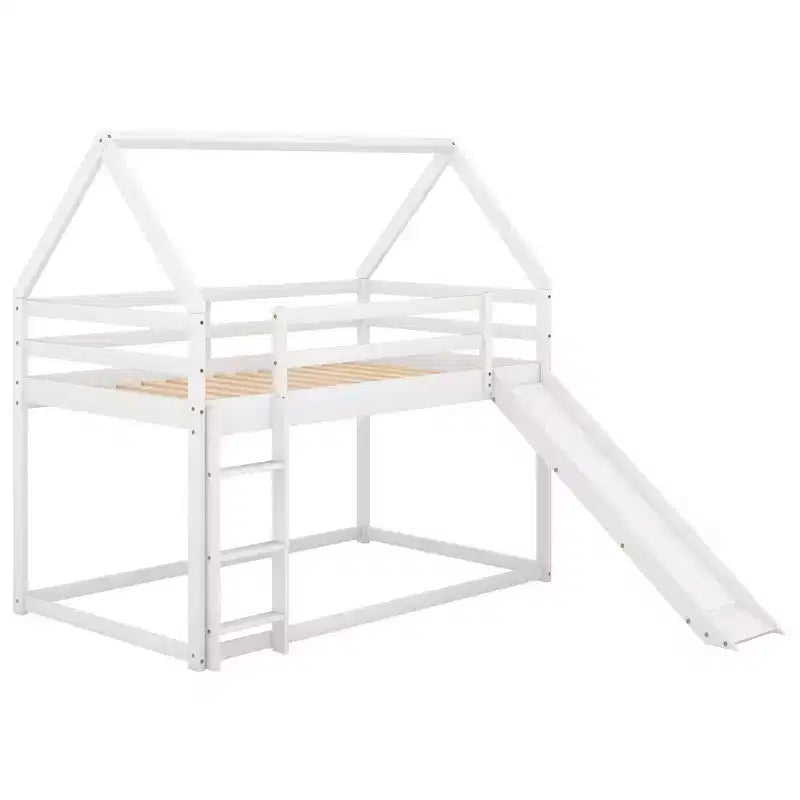 Letto a castello Twin su Twin a pavimento, letto a castello a casetta Twin Size con scivolo, scaletta, spondina e tetti per bambine e bambini