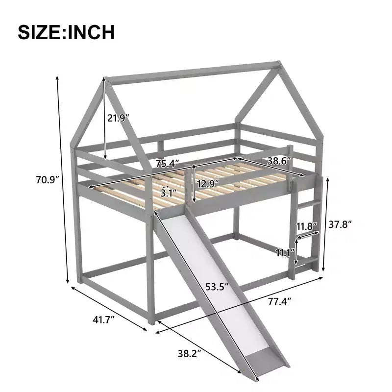 Letto a castello Twin su Twin a pavimento, letto a castello a casetta Twin Size con scivolo, scaletta, spondina e tetti per bambine e bambini