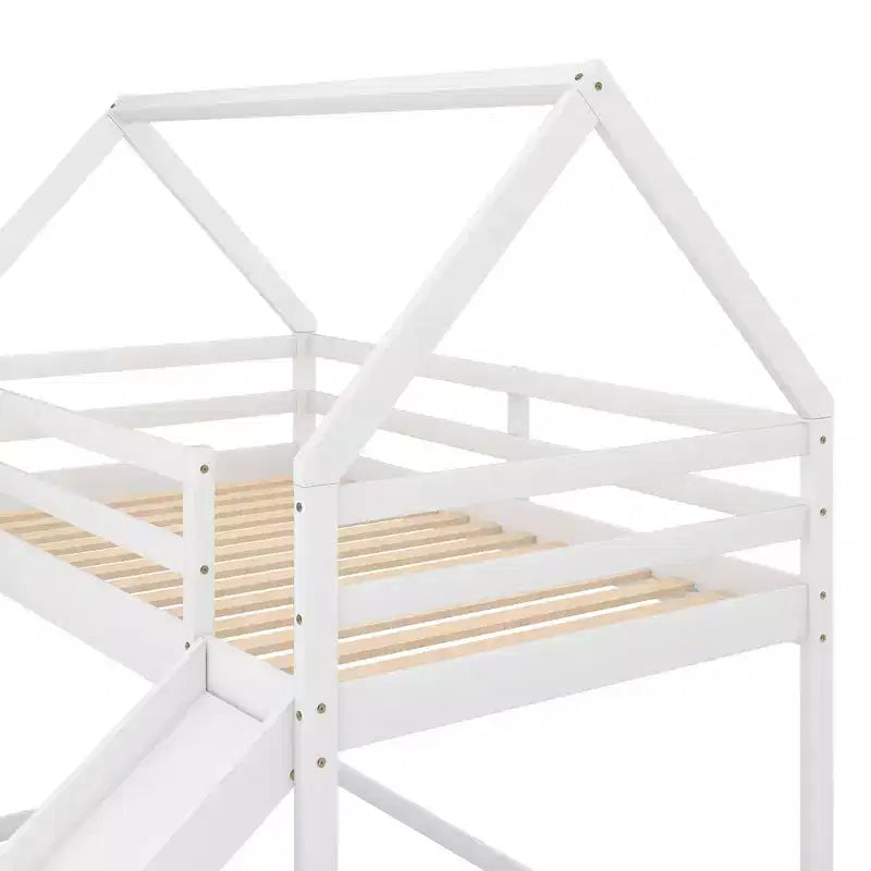 Letto a castello Twin su Twin a pavimento, letto a castello a casetta Twin Size con scivolo, scaletta, spondina e tetti per bambine e bambini