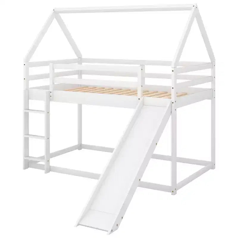 Letto a castello Twin su Twin a pavimento, letto a castello a casetta Twin Size con scivolo, scaletta, spondina e tetti per bambine e bambini