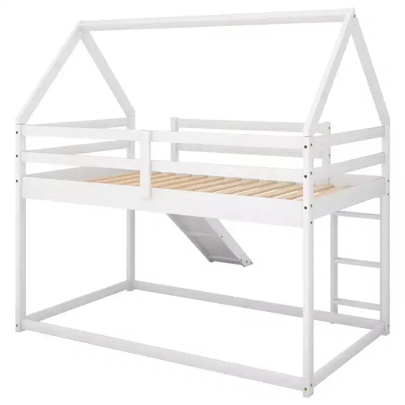 Letto a castello Twin su Twin a pavimento, letto a castello a casetta Twin Size con scivolo, scaletta, spondina e tetti per bambine e bambini