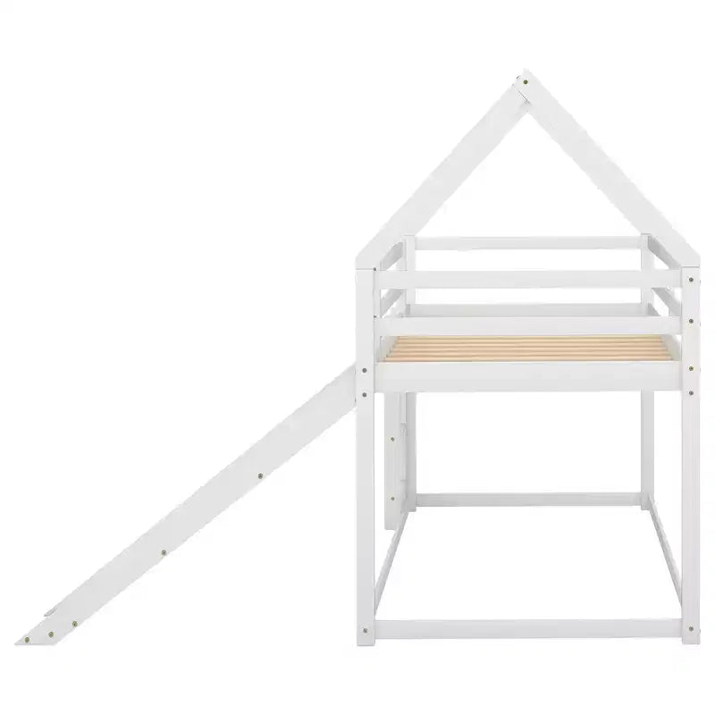 Letto a castello Twin su Twin a pavimento, letto a castello a casetta Twin Size con scivolo, scaletta, spondina e tetti per bambine e bambini