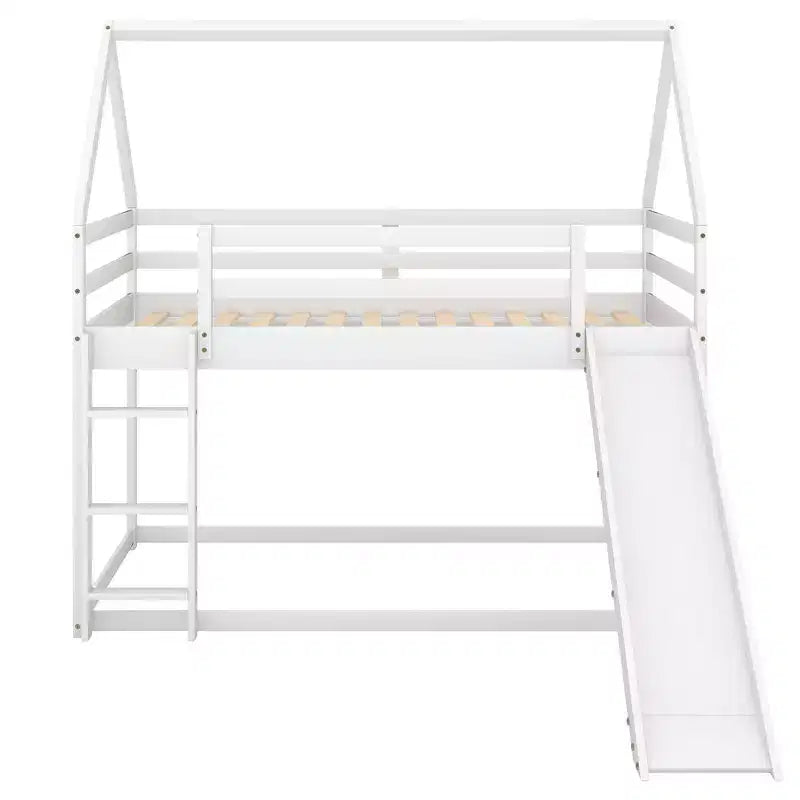 Letto a castello Twin su Twin a pavimento, letto a castello a casetta Twin Size con scivolo, scaletta, spondina e tetti per bambine e bambini