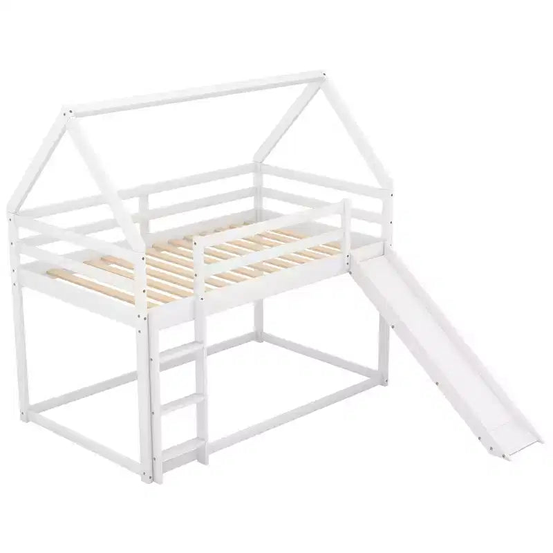 Letto a castello Twin su Twin a pavimento, letto a castello a casetta Twin Size con scivolo, scaletta, spondina e tetti per bambine e bambini