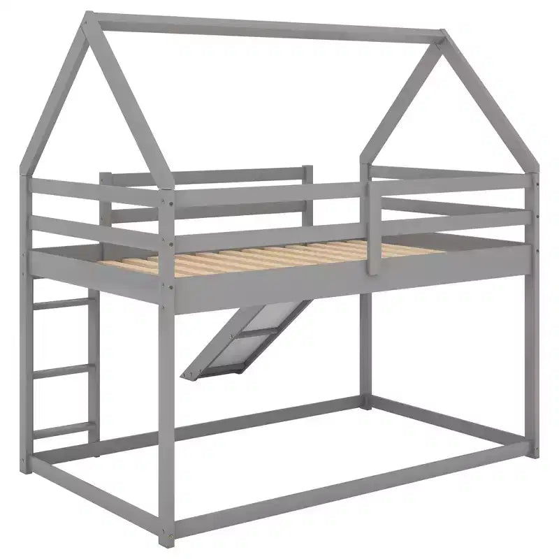 Letto a castello Twin su Twin a pavimento, letto a castello a casetta Twin Size con scivolo, scaletta, spondina e tetti per bambine e bambini