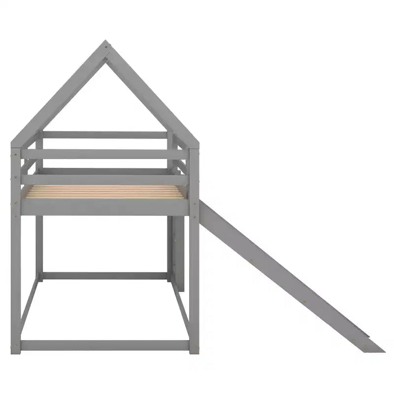Letto a castello Twin su Twin a pavimento, letto a castello a casetta Twin Size con scivolo, scaletta, spondina e tetti per bambine e bambini