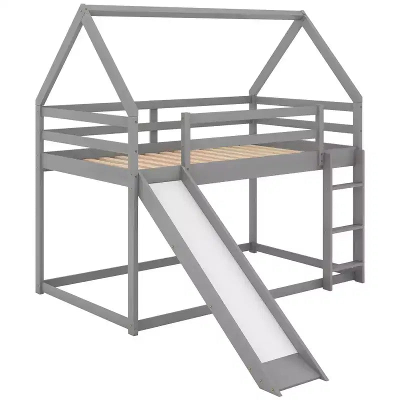 Letto a castello Twin su Twin a pavimento, letto a castello a casetta Twin Size con scivolo, scaletta, spondina e tetti per bambine e bambini