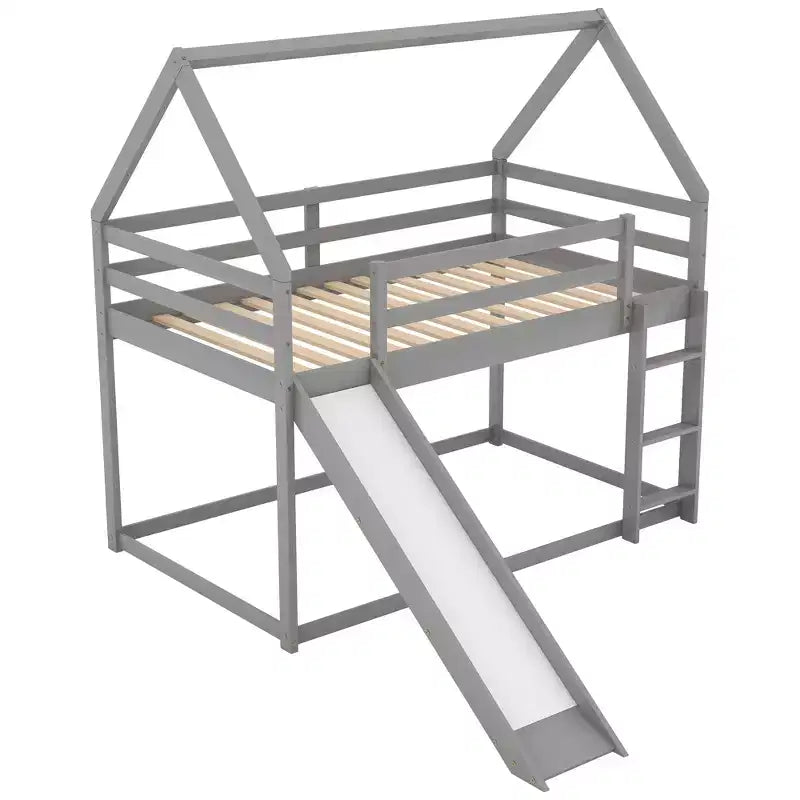 Letto a castello Twin su Twin a pavimento, letto a castello a casetta Twin Size con scivolo, scaletta, spondina e tetti per bambine e bambini